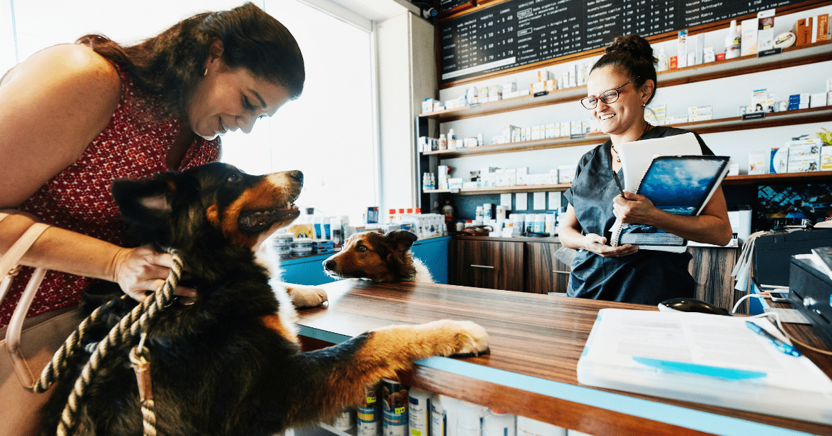 Pet store financing solutions with happy customers and pets at the counter, showcasing flexible credit options for growth.