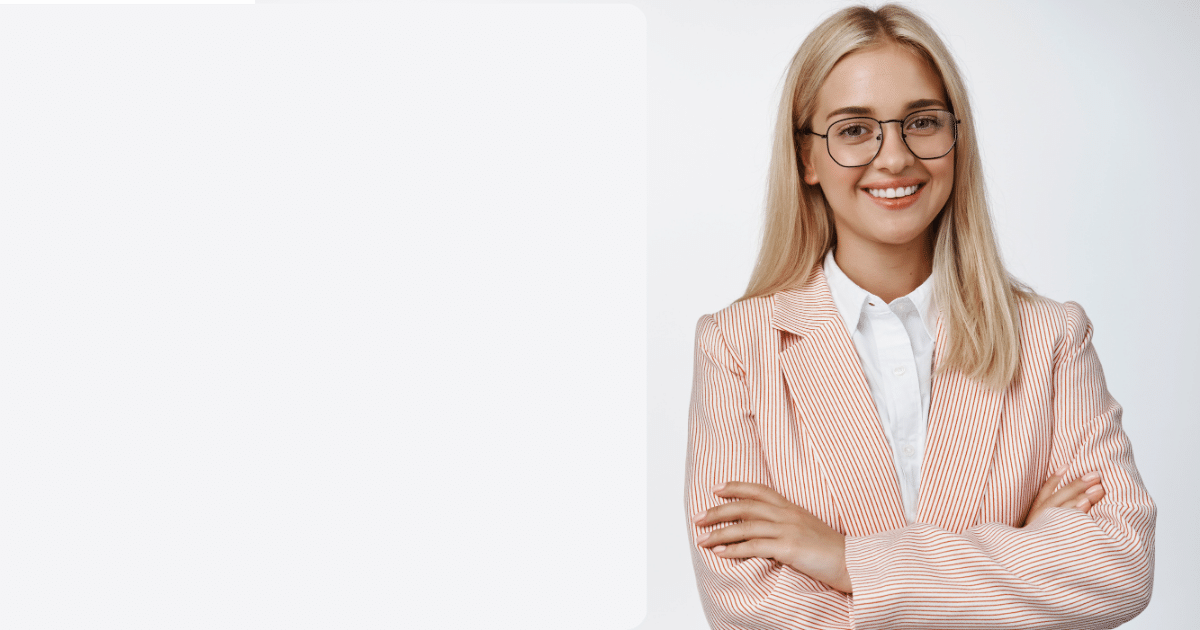 Professional woman smiling in a striped blazer, representing modern consumer shopping habits influenced by smartphones.