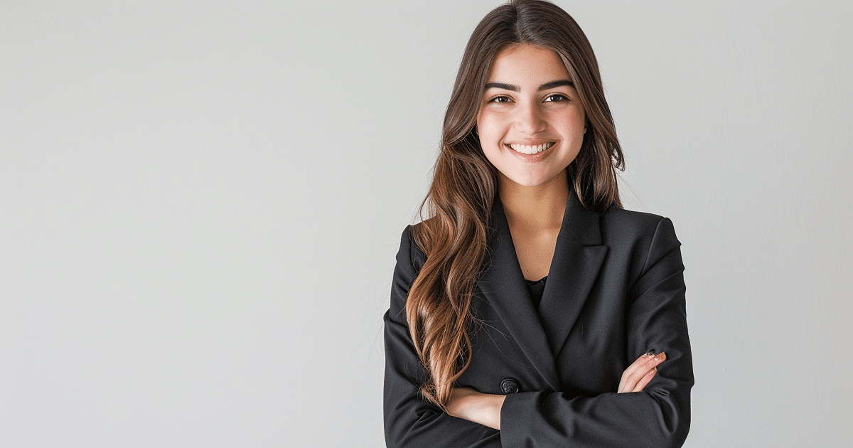 Smiling businesswoman in a suit, representing small business blogging and marketing strategies for entrepreneurs.