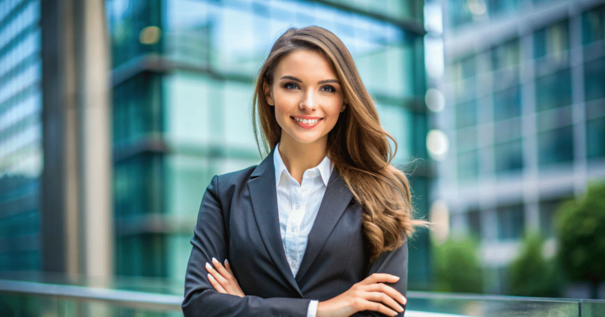 Professional woman in business attire smiling confidently, representing key factors in business success and financial management.