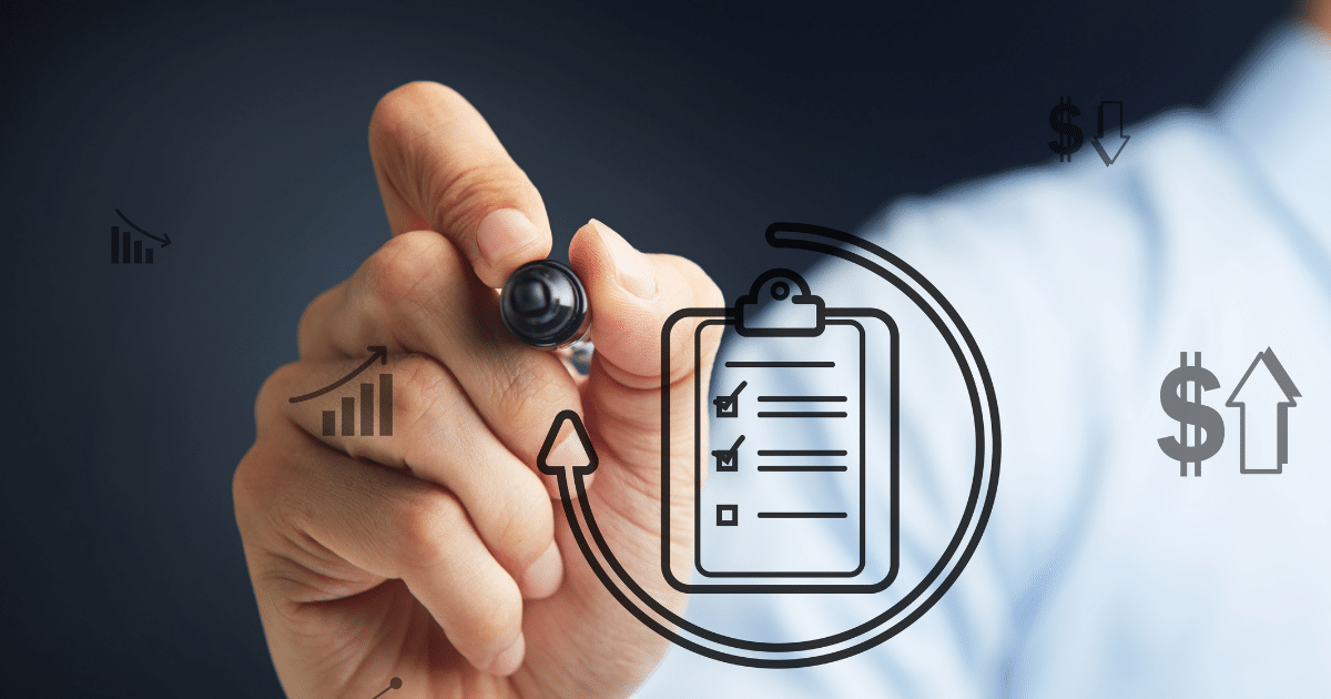 Hand holding a pen with a checklist and financial growth icons, symbolizing quick and effective business evaluations.
