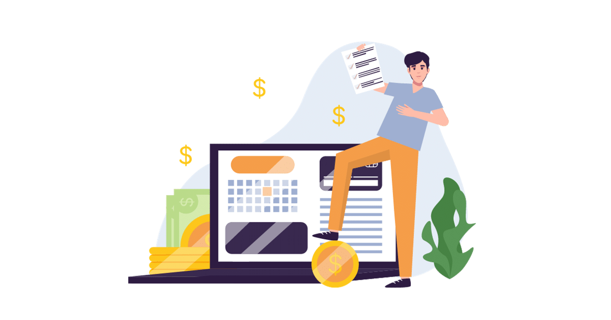 Illustration of a man reviewing business loan options with money and a laptop, symbolizing small business financing solutions.