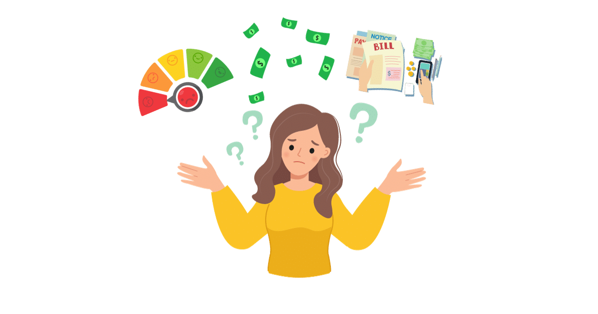Confused woman weighing financial options with bills, cash, and a credit score gauge, representing small business loan decisions.