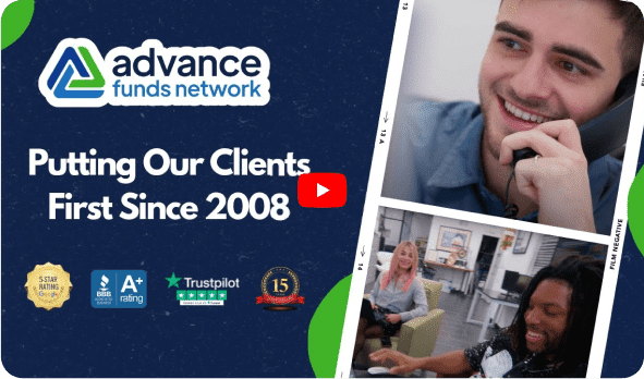 Advance Funds Network logo with happy clients, showcasing quick financial solutions and client-first service since 2008.