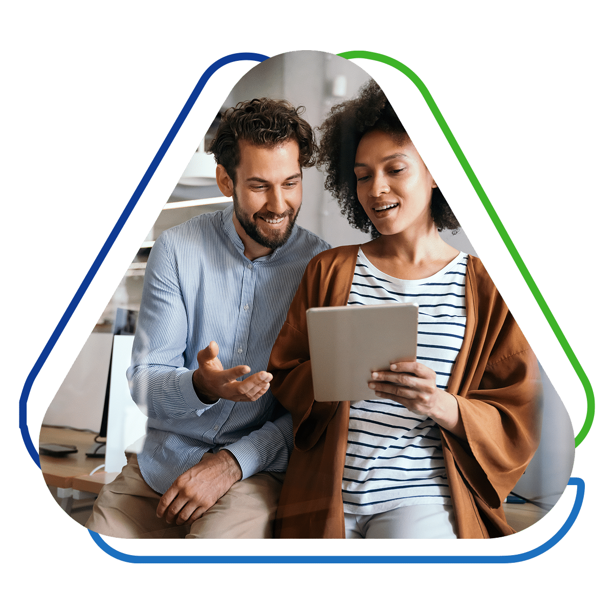 Business partners discussing fast working capital loans on a tablet, highlighting same-day funding solutions.