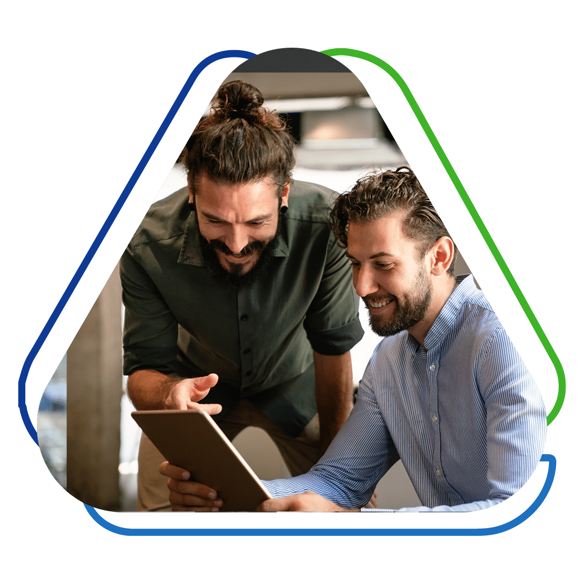 Two business professionals discussing equipment financing options on a tablet, highlighting comprehensive funding solutions.