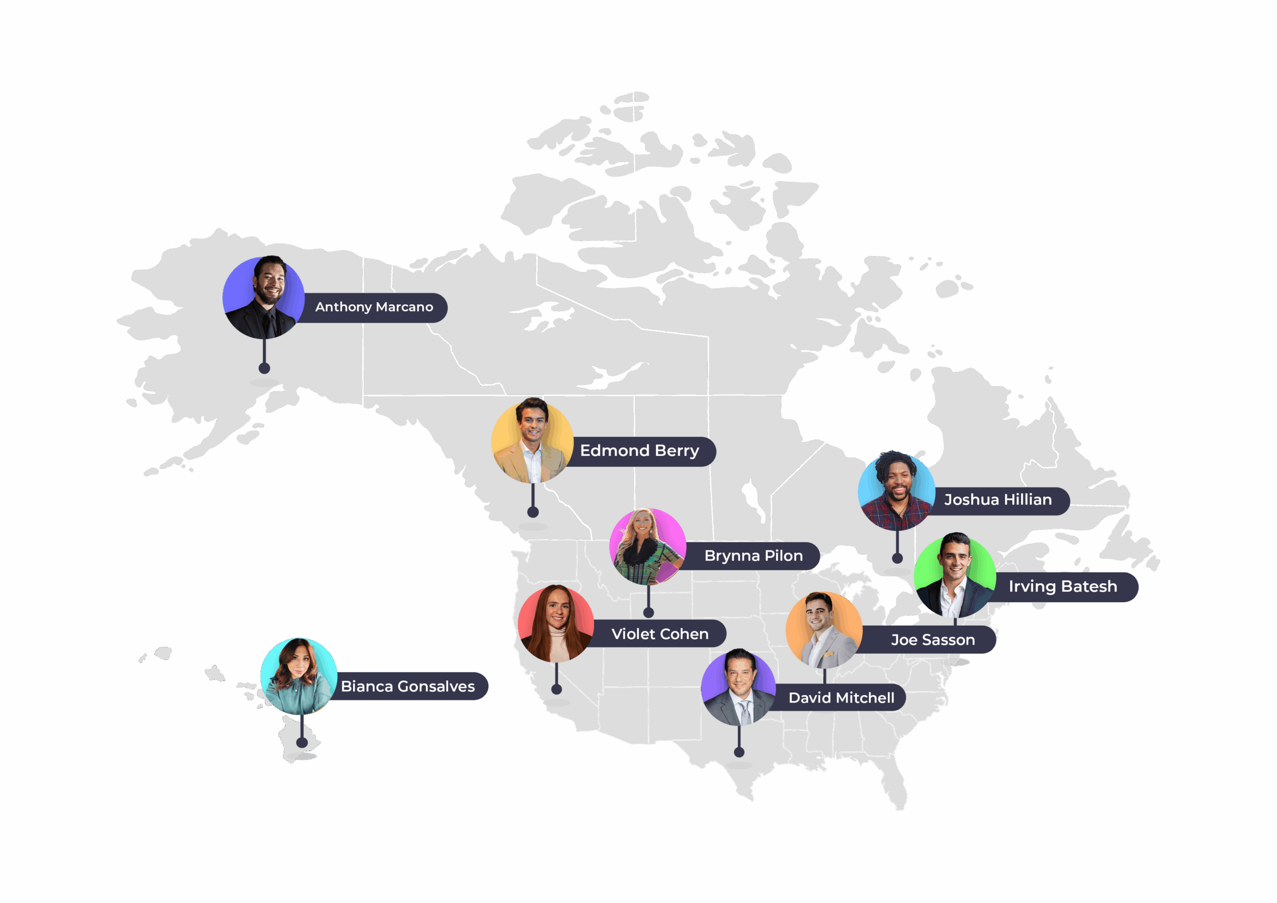 Map of North America highlighting business partners for small business funding solutions, showcasing diverse professionals.