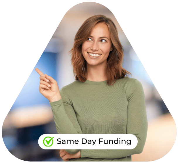 Smiling woman promoting same day funding for fast and flexible business loan solutions.
