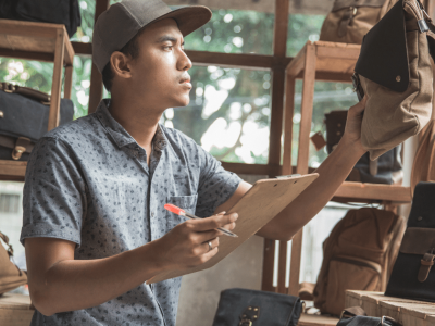 Young man assessing inventory of bags in a retail store, highlighting the importance of business funding and growth opportunities.