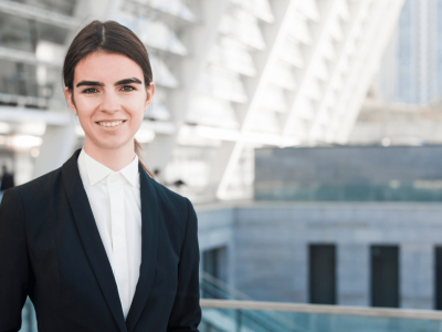 Professional woman in business attire smiling outdoors, representing small business savings strategies and financial empowerment.