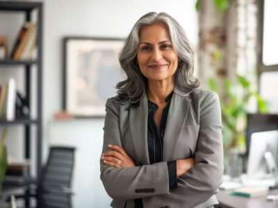 A smiling, happy, and confident Indian old mature professional business woman, a corporate leader and senior middle-aged female executive, stands in her office with arms crossed, projecting confidence as she looks at the camera for a portrait.