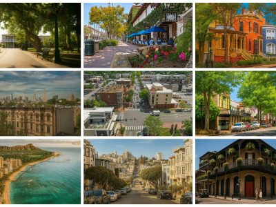 Photo collage of 150 best locations for outdoor dining across America.
