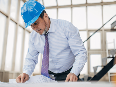 Construction business owner reviewing plans for expansion with unsecured loans, highlighting growth potential and financial planning.