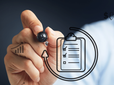 Hand holding a pen with a checklist and financial growth icons, symbolizing quick and effective business evaluations.