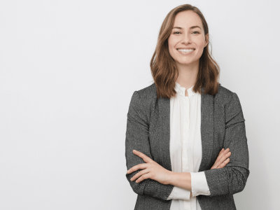 Business professional smiling confidently, representing networking and success at trade shows for brand visibility.